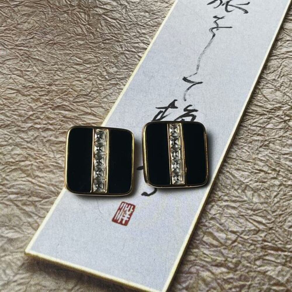 Vintage S.A.L Swarovski Art Deco Black and Gold CZ Square Clip-on Earrings